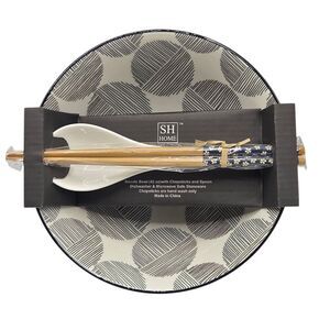 SH Home White Black Asian Ceramic Ramen Noodle Bowl With Chopsticks & Spoon 42oz